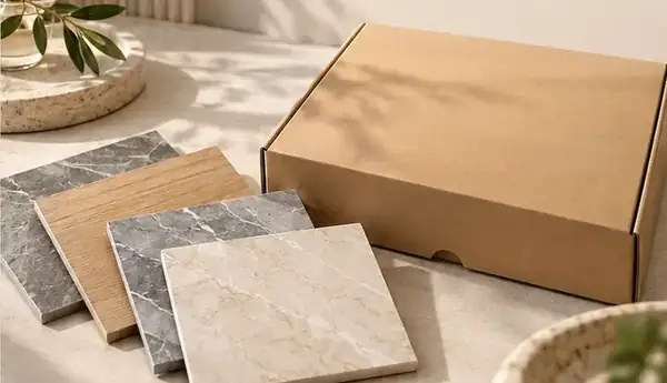 A sample box presented with carefully arranged tile and surface samples