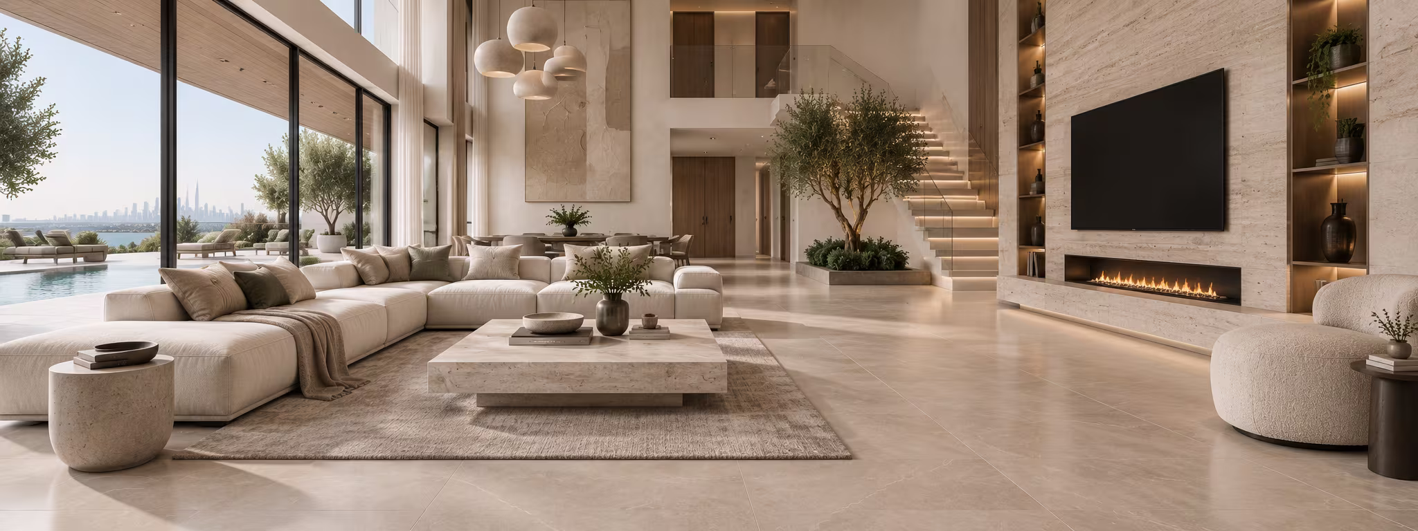 Contemporary living room finished with warm porcelain surfaces