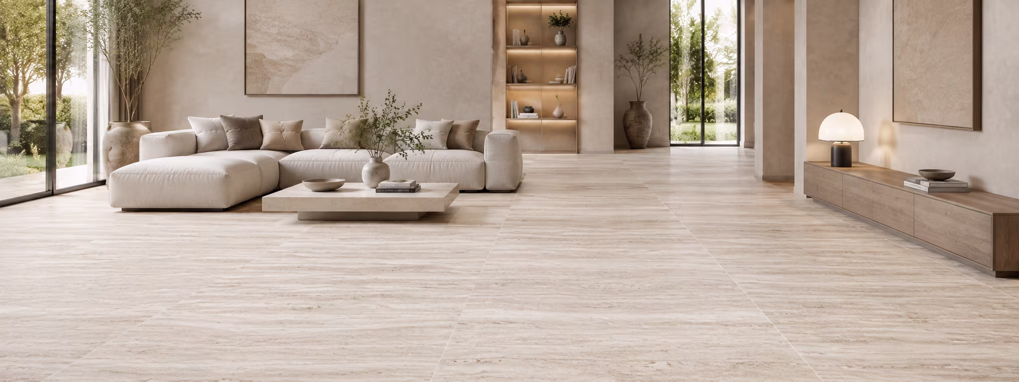 Travertine-effect porcelain surface in a styled interior