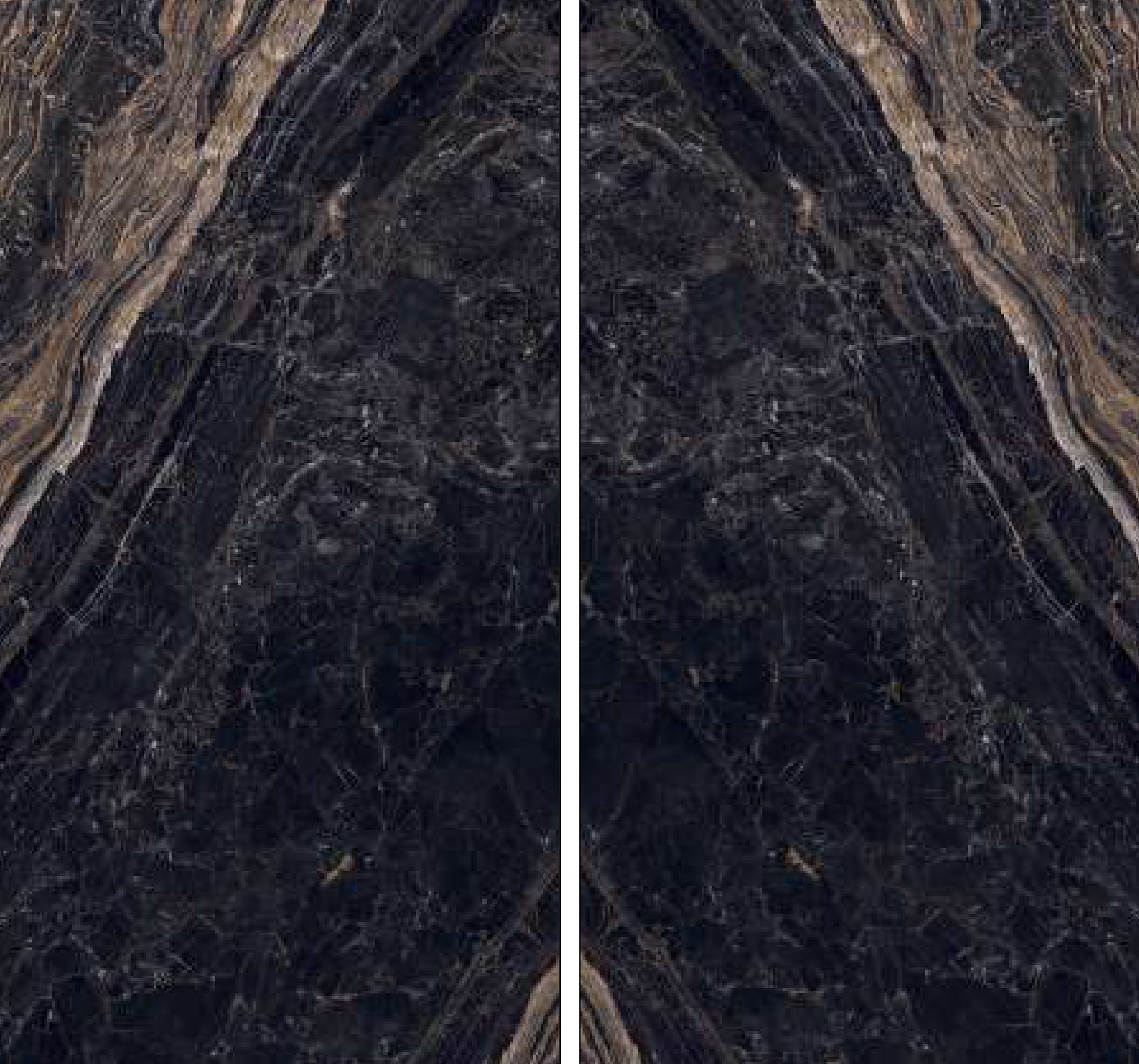 Nero Assoluto porcelain slab shown as a book-match pair, 120x240cm