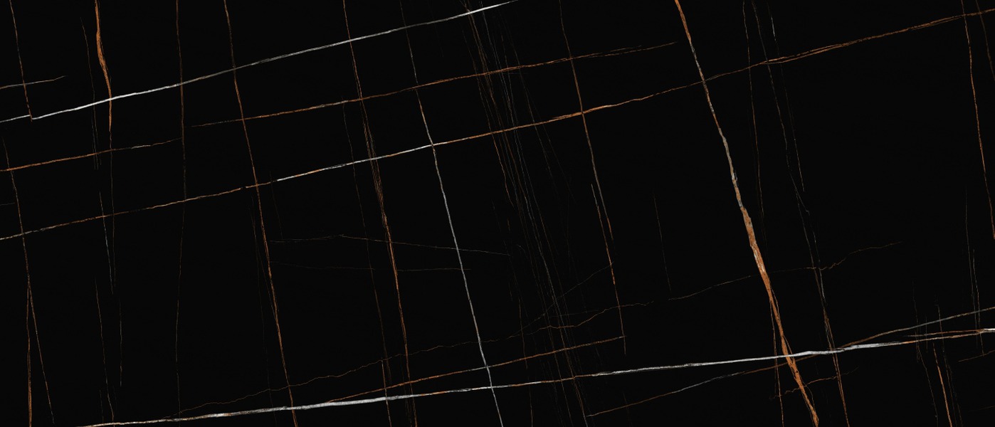 Linea Oro Noir porcelain slab surface, a dark charcoal ground with straight gold-bronze lines