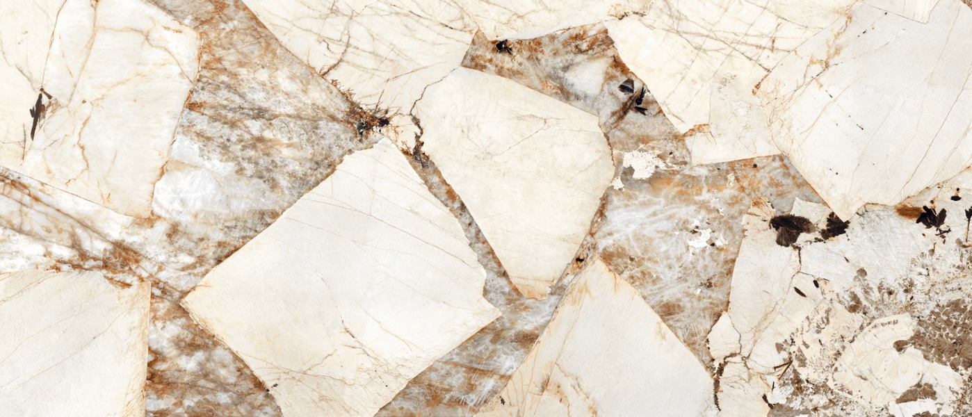 Patagonia Classic porcelain slab surface, a cream-white ground with tan-brown and gold patchwork