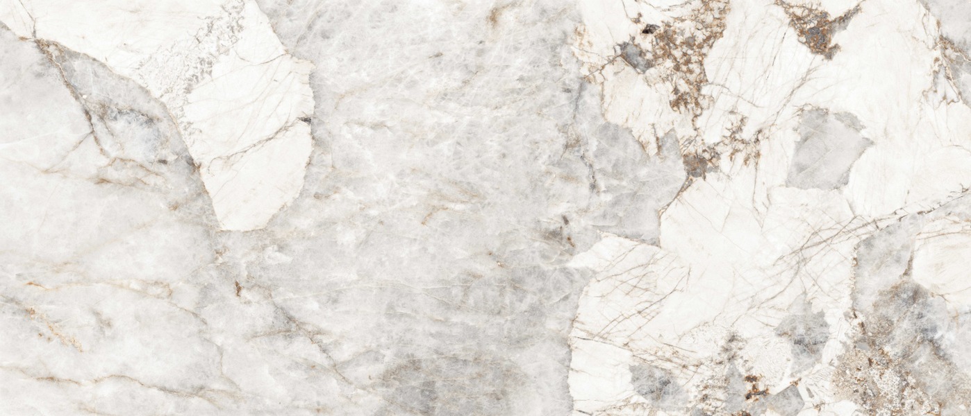 Patagonia Crystal porcelain slab surface, a white field with gold-brown veining