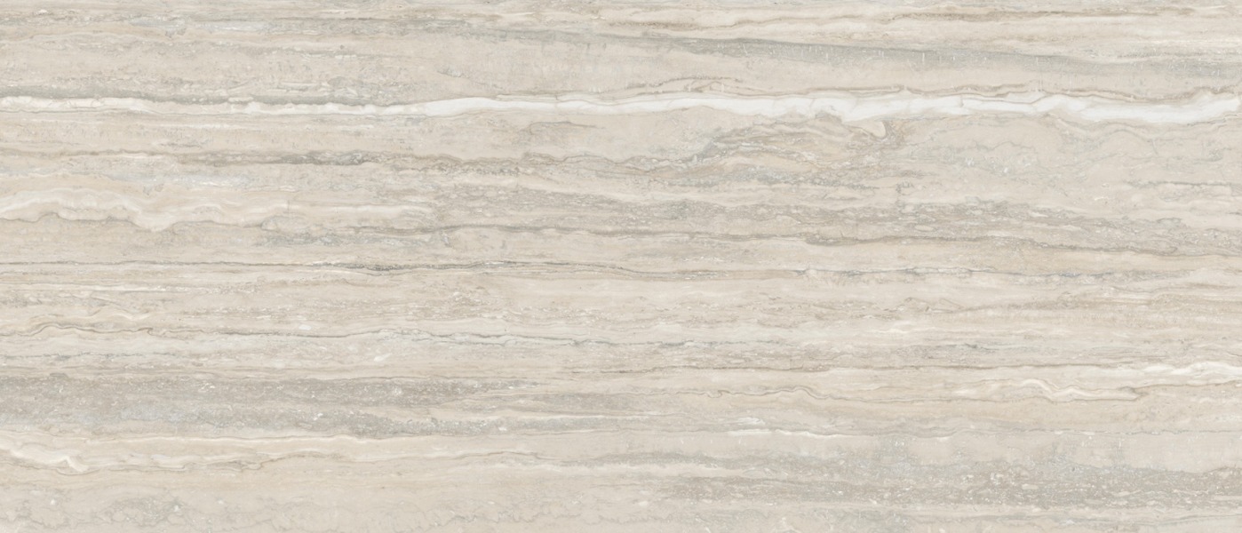 Travertine Dune porcelain slab surface, a warm beige ground with fine linear grain