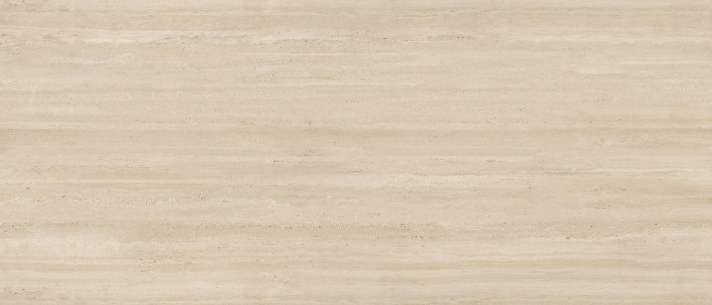 Travertine Vega porcelain slab surface, a warm beige ground with fine vertical striation