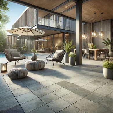 DALL·E 2024-09-04 22.36.10 - An image showcasing the durability and longevity of outdoor tiles. The scene should feature a stylish outdoor patio area with large, modern tiles in n